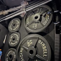 Very nice looking Brand new 45, 35 lb, and 25 lb Olympic weight plates. Olympic barbells 7, 6, and 5 ft available