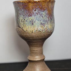Handthrown Pottery Goblet Stoneware 6" Beige Blue Purple Swirl
