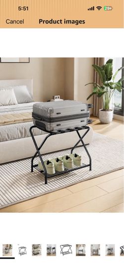 1-Piece Foldable Black Luggage Rack Stand with Storage Shelf – Heavy Duty Metal Suitcase Holder, 150 lbs Top, 50 lbs Bottom, Fits 20”-28” Luggage – Gu