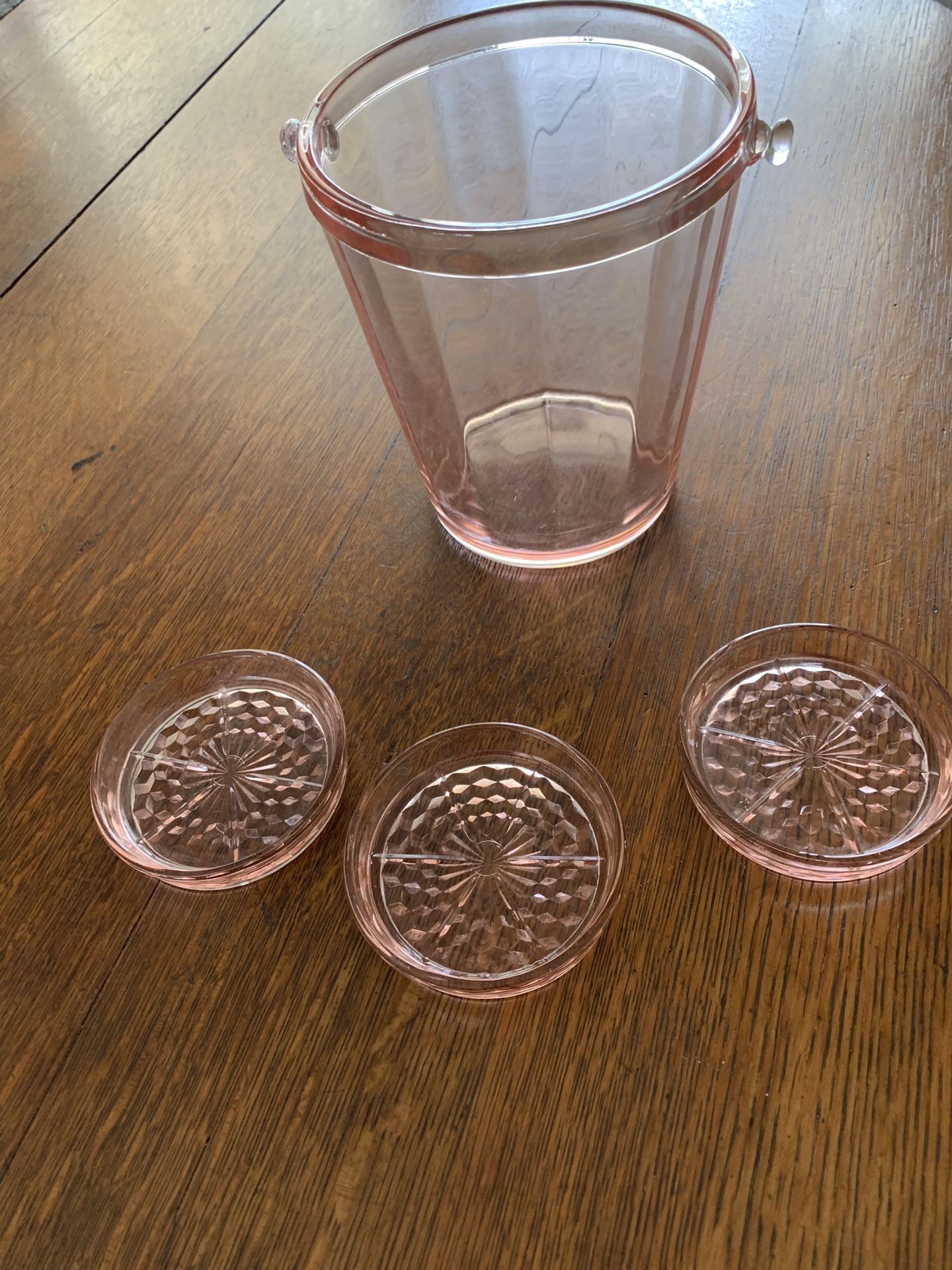 Pink Depression glass - ice bucket and coasters