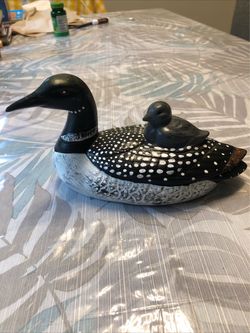 Ceramic Loon With Chick On Back - 8” X 4” X 5”