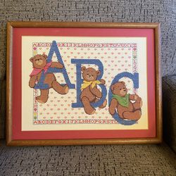 Vintage Teddy Bear ABC Cross Stitch Completed Finished Framed 19" x 15.5"
