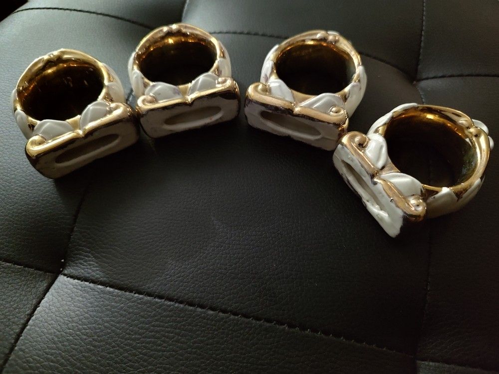 Set of 4 Vintage Ceramic Napkin Rings | Hand-Gilded with Real Gold | 2.5" Baroque Revival Scroll