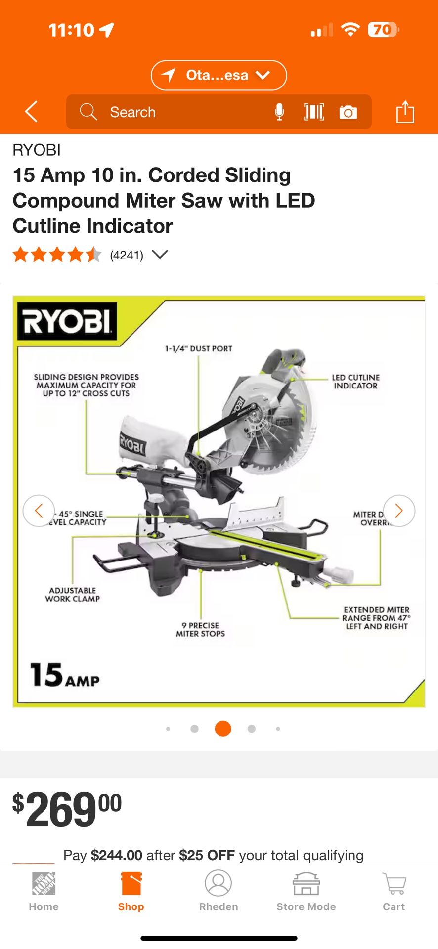 10" 15 amp Corded Ryobi Miter Saw