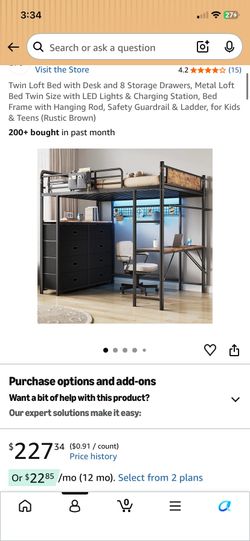 New but damaged box Twin Loft Bed with Desk and 8 Storage Drawers, Metal Loft Bed Twin Size with LED Lights & Charging Station