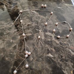 Fresh water pink pearl necklace bracelet earrings silver set