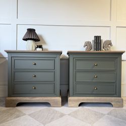 Set of Two Two-Toned Nightstands – Green & Natural Wood with Brushed Gold Hardware