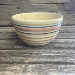 Antique Stoneware Mixing Bowl With Pink And Blue Stripes