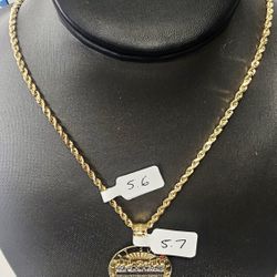 14k 22inch Hollow Rope Chain And 14k Pendant 