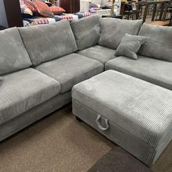 Grey Corduroy With Storage Ottoman 