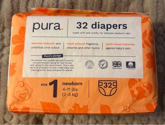 New Pura Hypoallergenic Baby Diapers Size 1 Newborn (4-11 lbs) 32 Count