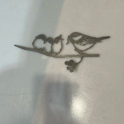 Momma Bird/baby Birds In Limb, Metallic Silver,10”x5”