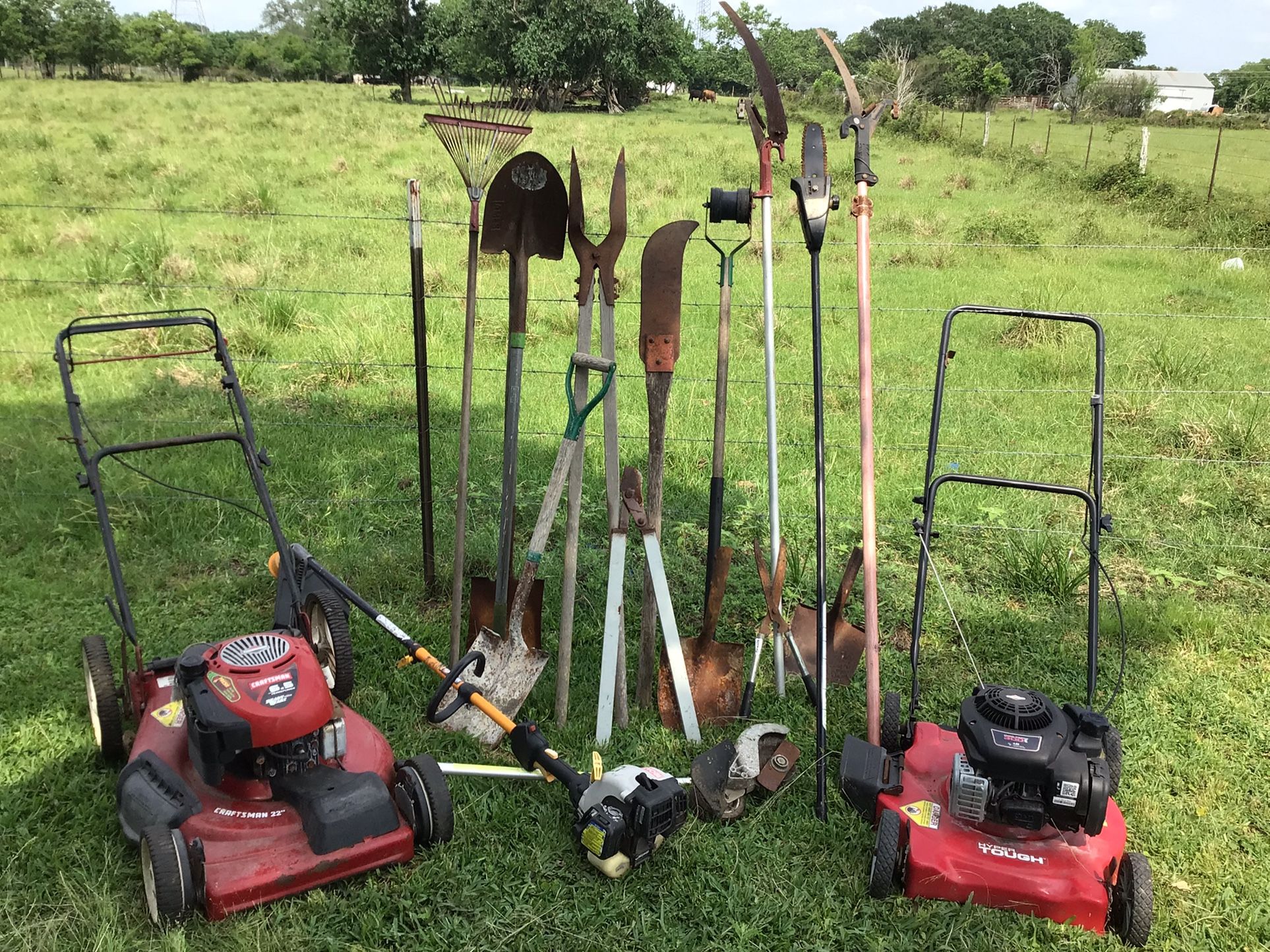 FREE TRAILER & Craftsman self-propelled hyper tough push lawnmowers Ryobi gas powered weedeater shovels post digger chainsaws tree trimming Tools