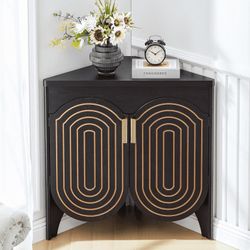 30" Tall 2-Tier Storage with Curved Doors & Adjustable Shelves for Bathroom, Living Room, Entryway (Black)