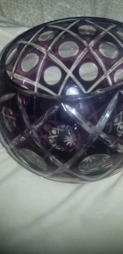 1920's Bohemian Glass Amethyst Fish Bowl Vase Diamond Cut