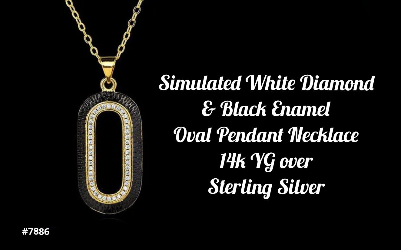 Unique Oval Pendant Necklace w/sim. White Diamond and black enamel, 14k o/l...ONLY $15!!