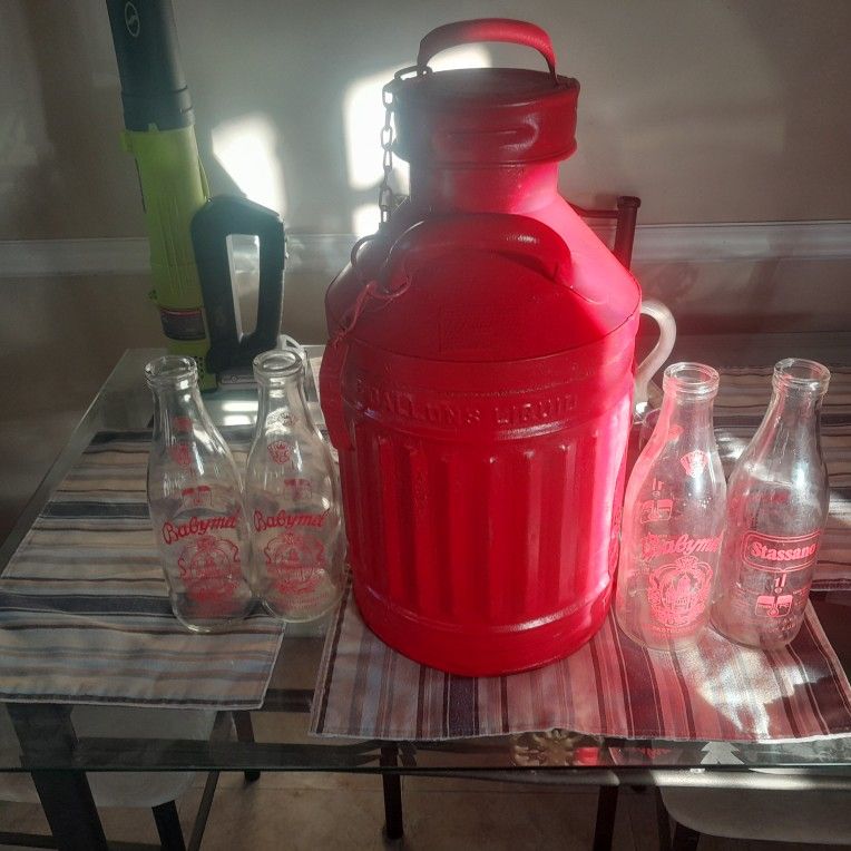 Vintage 5 Gal Milk Jug With 4 Milk Bottles As P