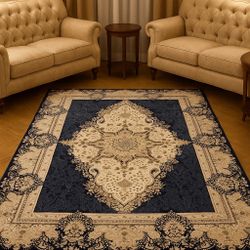 5x7 Navy Blue Persian Silk Pile Rug – Ivory Medallion Design Carpet
