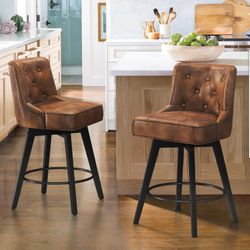 26"H Faux Leather Swivel Counter Stool, Brown (Set of 2)