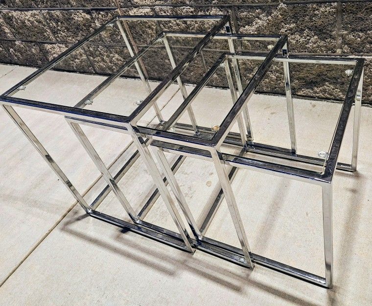 3 Piece Chrome & Glass Nesting Tables Coffee Table