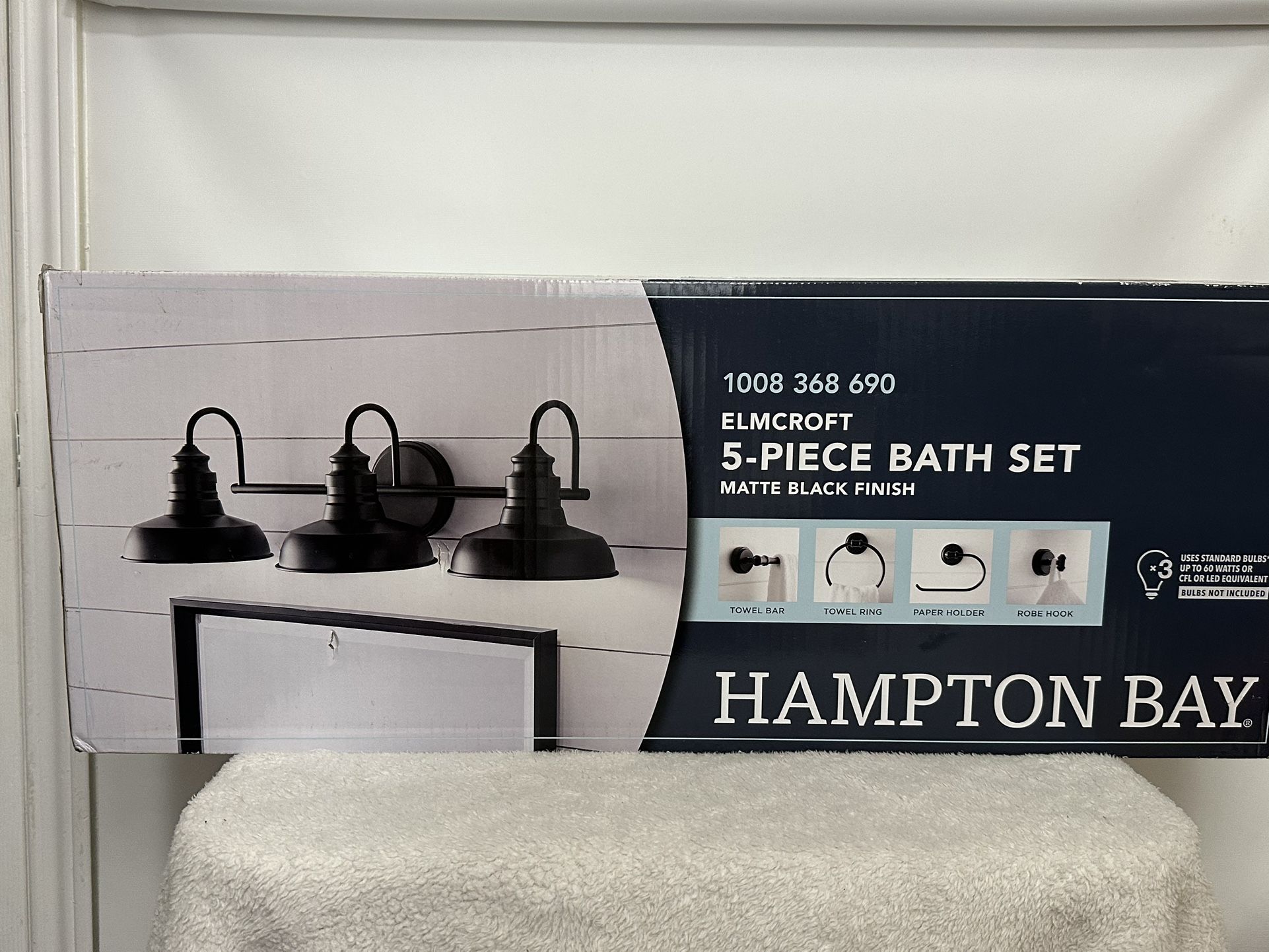 Hampton Bay Elmcroft 29 in. 3 Light Matte Black Farmhouse Vanity Light 5 Pc Bathroom Hardware Kit