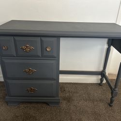 Vintage Refinished Desk / Vanity – Blue Gray w/ Brass Hardware