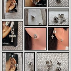 Gothic Silver Ear Cuff & Skull Stud Set - Rhinestone Cross Dangle, Punk No-Pierce