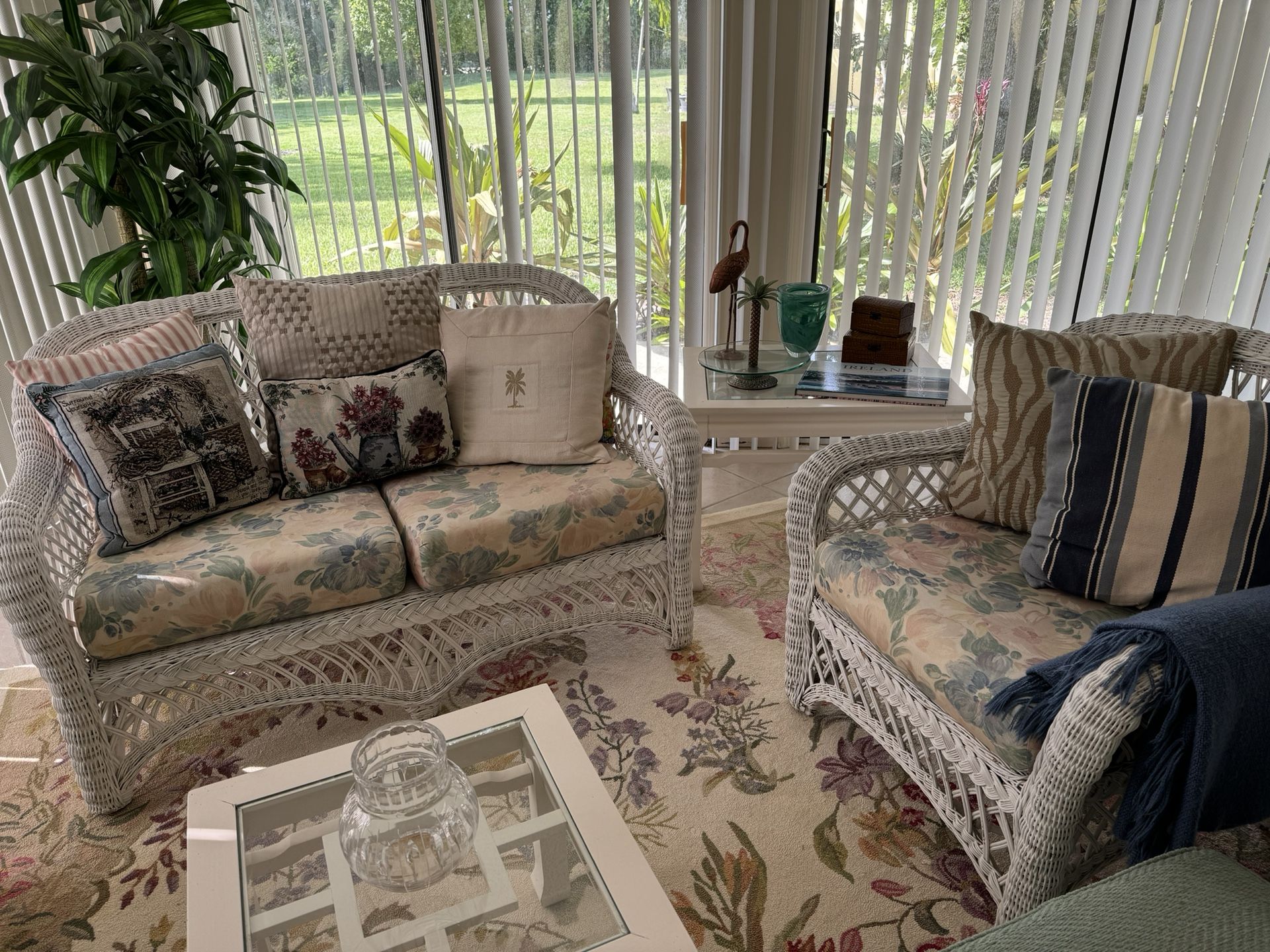 Pier 1 Imports, white wicker loveseat, two chairs, table