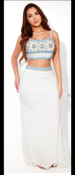 Sexy 2-piece White with Gold/Blue gorgeous Wedding Prom Gown Size large