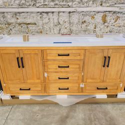 72” Brand New Bathroom Vanity in Teak color, Soft Close Solid Wood with Marble Top in White  $1139 