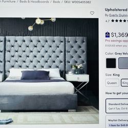 Luxury King Size Grey Velvet Platform Bed 