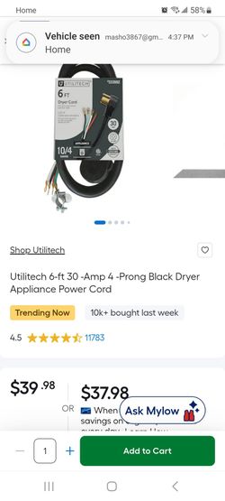 Utilitech 6 Ft. 30 amp 4 prong black dryer appliance cord