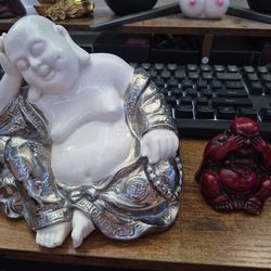 Large Ceramic Laughing Buddha Statue (White & Silver)