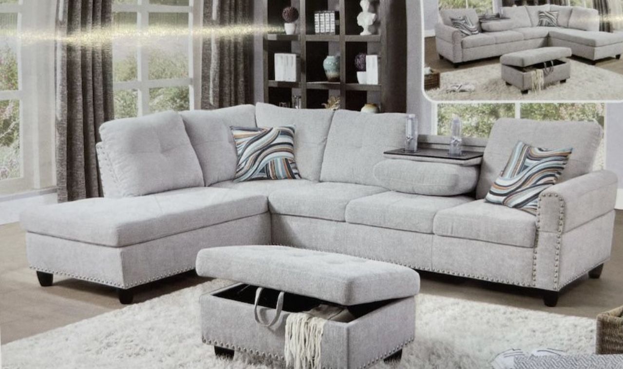 Grey Linen Sectional Couch With Drop Down Table