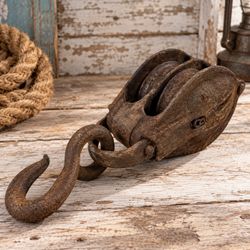 Vintage Double Sheave Iron Pulley Block with Hook 8.5" Industrial Nautical Decor