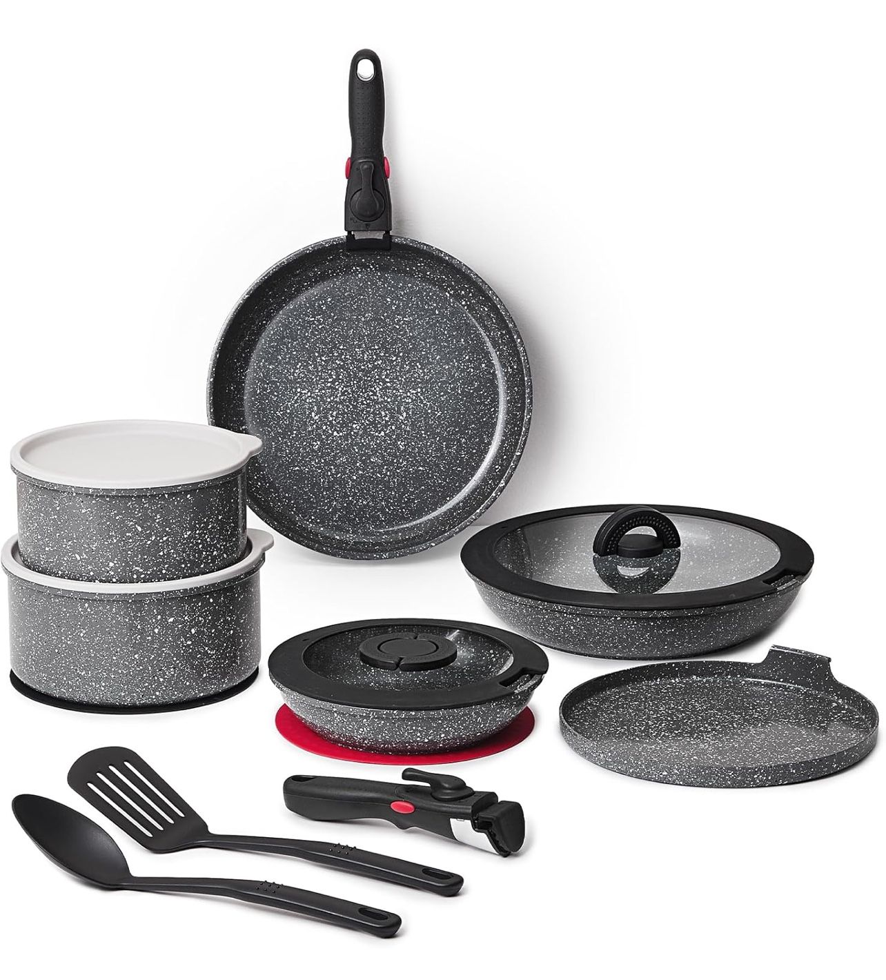 16pcs Aluminium Nonstick Pots and Pans Set from France with detachable Handle, Stackable, Ceramic RV Kitchen Cookware Sets Removable Handle, PFOA and