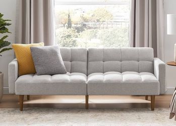 2445a $220 mopio 76.4" Futon Sofa Bed Tufted Styled, Sleeper Couch (Light Gray, Fabric)