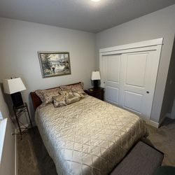 Queen Bed, Comforter Set And Nightstand 