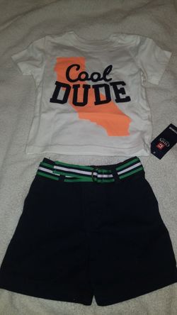 New boys summer outfit 12-18 months Chaps blue chino shorts & crazy 8 California t-shirt nwt