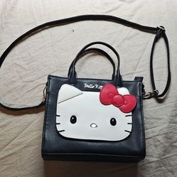 Hello Kitty Black Shoulder Bag Applique Red Bow Detachable Strap Anime Cartoon
