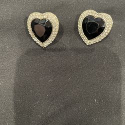 Silver And Gold Tone Black Onyx Heart With White Diamond Like Stone Earrings