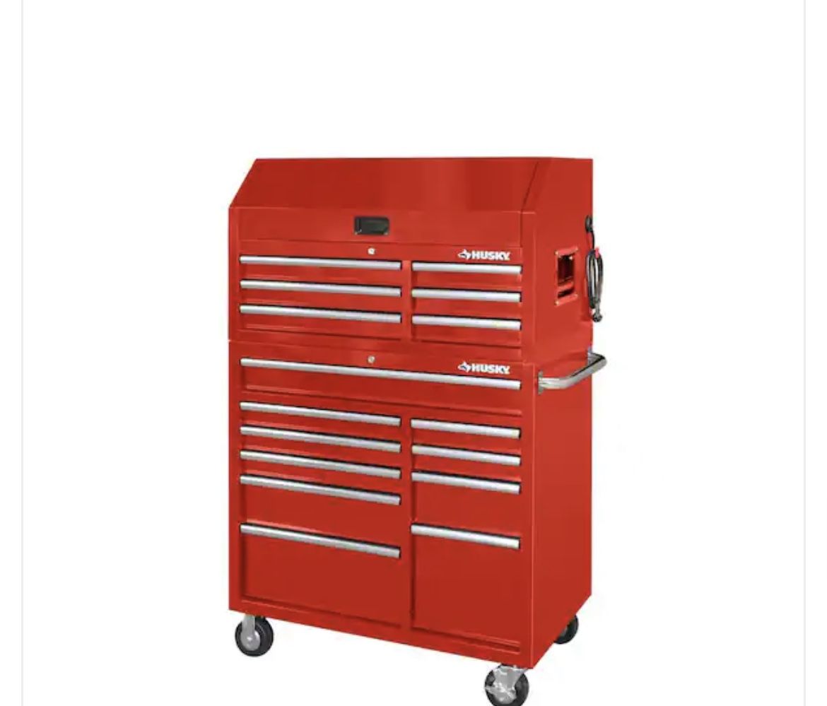 Husky 41 in. W x 24.5 in. D Standard Duty 16-Drawer Combination Rolling Tool Chest and Top Tool Cabinet Set in Gloss Red