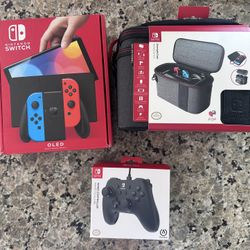 Nintendo Switch Oled Neon Blue & Red W/ Case and Wired Pro Controller Bundle