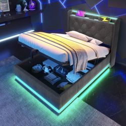 Twin Size Lift Up Storage Bed Frame with 360 Surround LED Lights with Upholstered Headboard