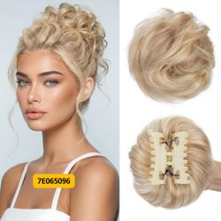 Blonde Highlight Curly Human Hair Messy Bun Extension Clip In Hairpiece #7E065096