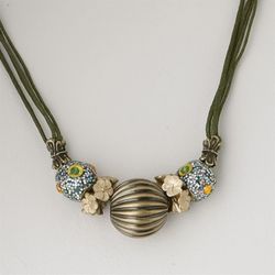 Handcrafted Chunky Kashmiri Lac Clay Antiqued Brass Olive Green Necklace