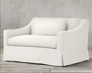 RESTORATION HARDWARE-BELGIAN CLASSIC SLOPE ARM SLIPCOVERED CHAIR-AND-A-HALF