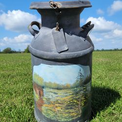 Antique Rustic Milk Can 20” Vintage Metal Dairy Jug Farmhouse Decor w/ Painted Scene
