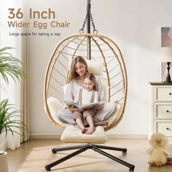 Hanging Egg Chair with Adjustable Footrest & Stand, Wicker Rattan Swing Hammock Chair with Cushion & Double Chains, 350LBS Capacity for Outdoor & Indo