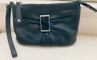 Audrey Brooke genuine black pebbled leather wristlet